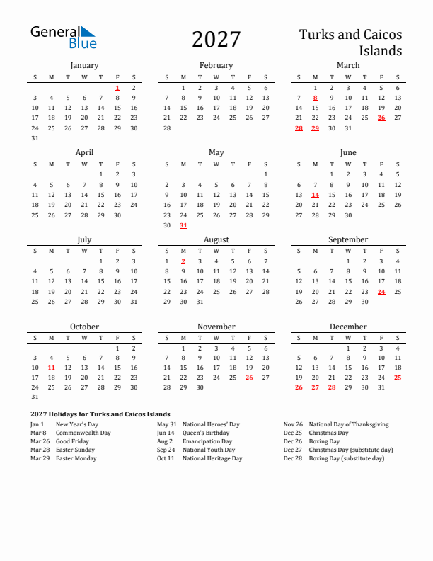 Turks and Caicos Islands Holidays Calendar for 2027