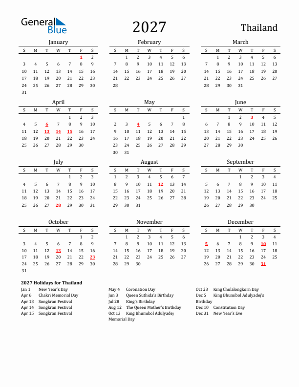 Thailand Holidays Calendar for 2027