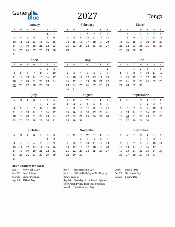 Tonga Holidays Calendar for 2027