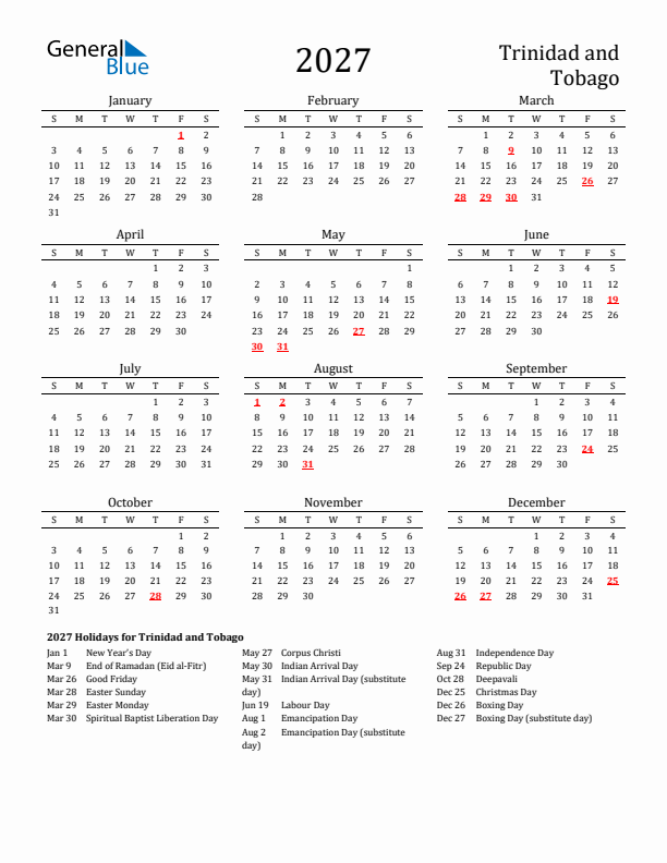 Trinidad and Tobago Holidays Calendar for 2027