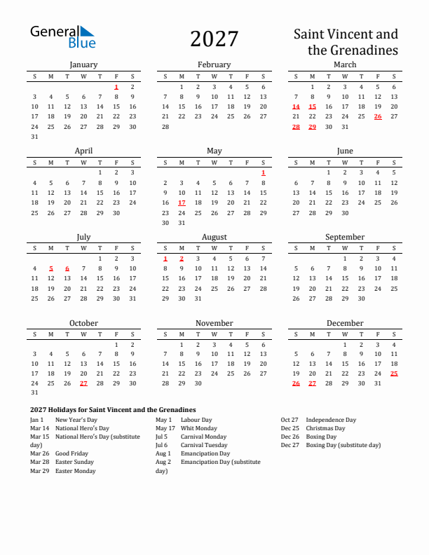 Saint Vincent and the Grenadines Holidays Calendar for 2027