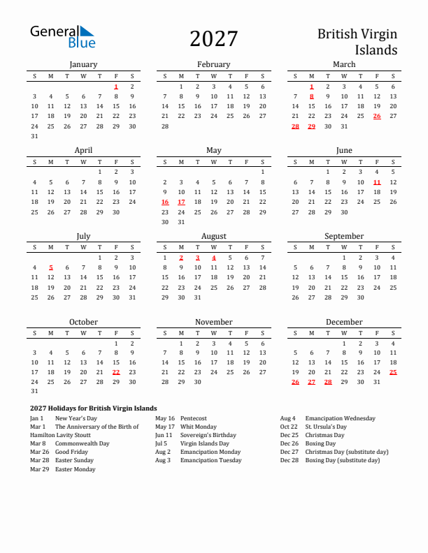 British Virgin Islands Holidays Calendar for 2027