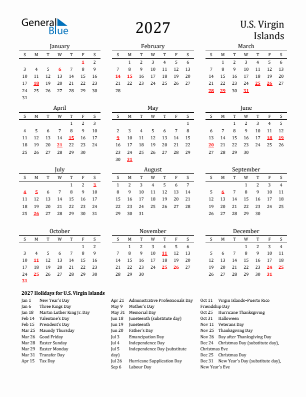 U.S. Virgin Islands Holidays Calendar for 2027