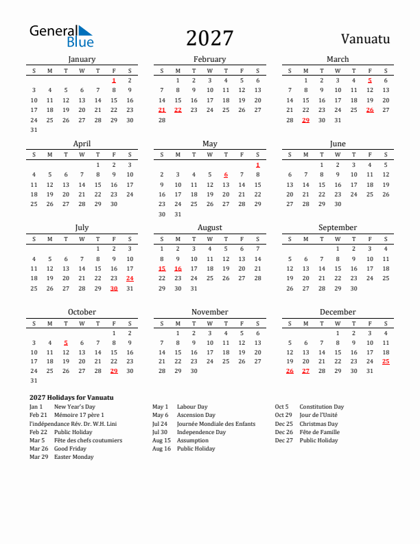 Vanuatu Holidays Calendar for 2027