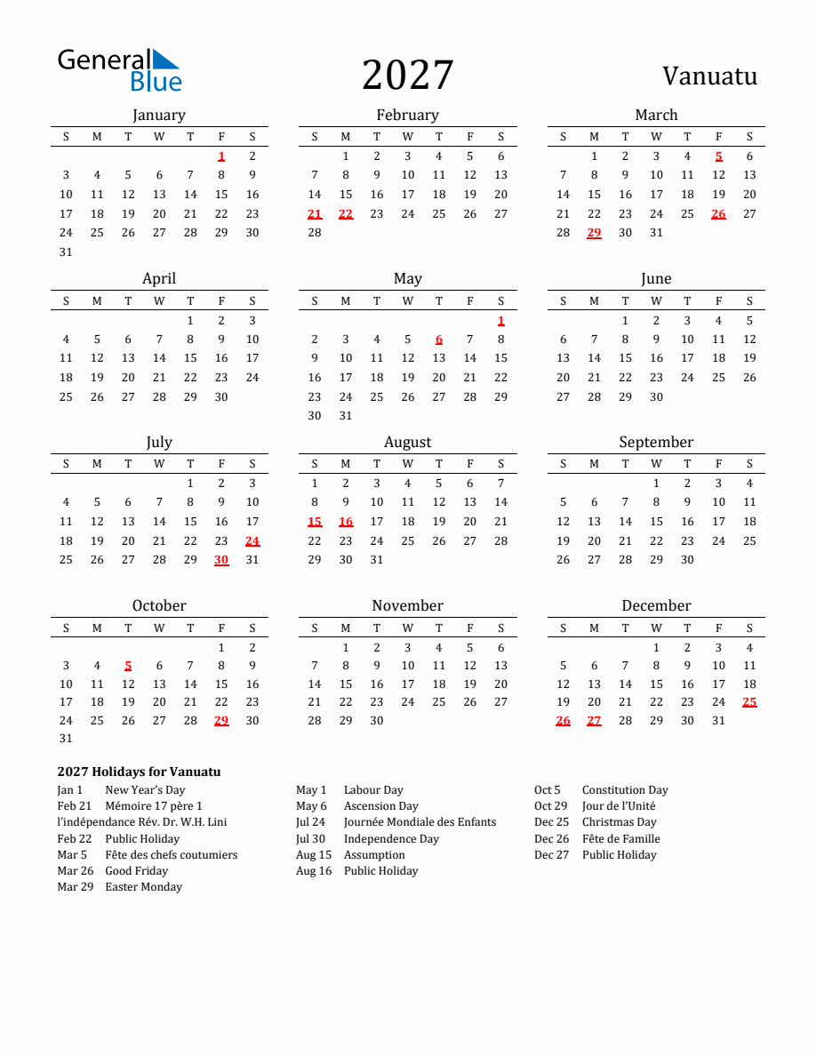 Free Vanuatu Holidays Calendar for Year 2027