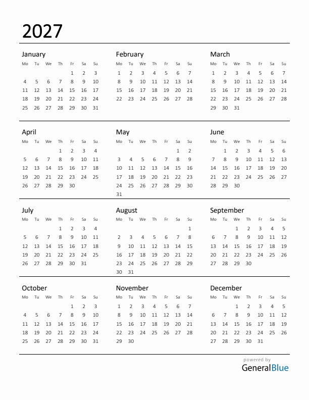 Printable Calendar For 2027 With Monday Start