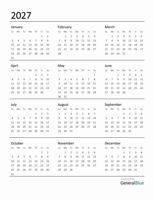 One Page Yearly Calendar 2027 PDF Excel Word 