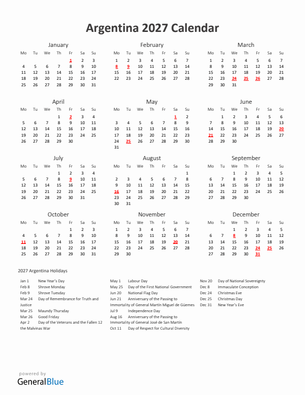 2027 Yearly Calendar Printable With Argentina Holidays