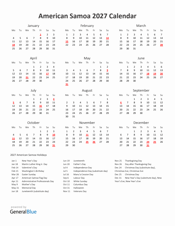 2027 Yearly Calendar Printable With American Samoa Holidays