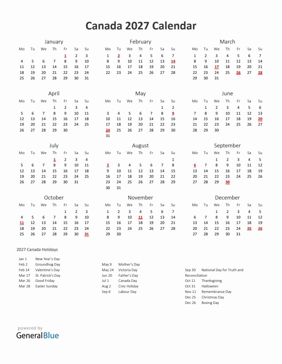2027 Yearly Calendar Printable With Canada Holidays - Monday Start