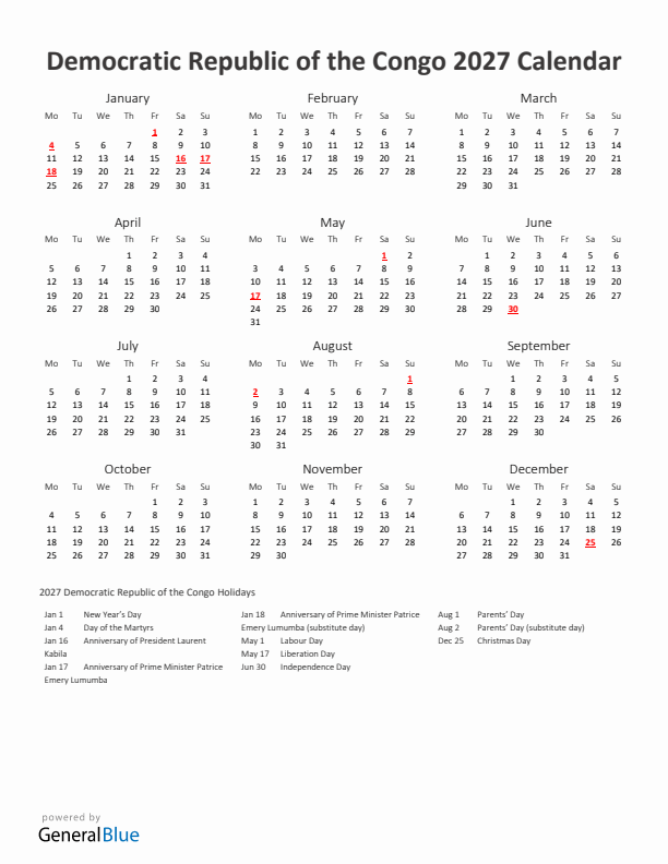 2027 Yearly Calendar Printable With Democratic Republic of the Congo Holidays