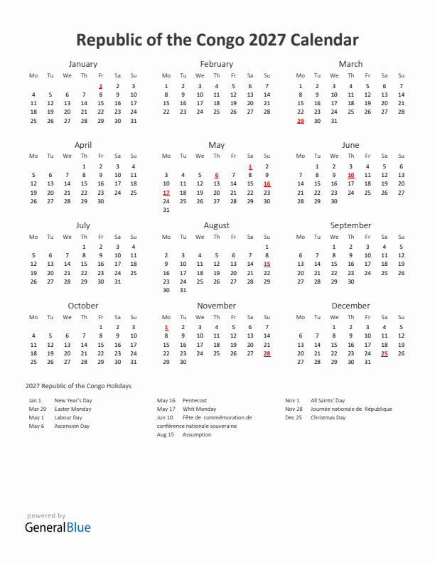 2027 Yearly Calendar Printable With Republic of the Congo Holidays