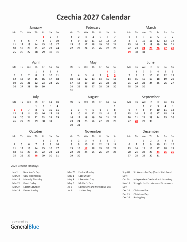 2027 Yearly Calendar Printable With Czechia Holidays
