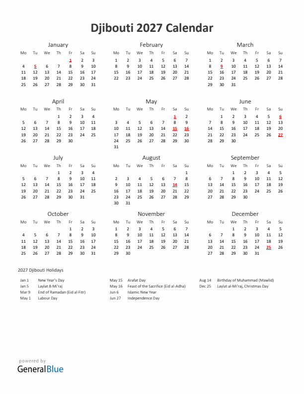 2027 Yearly Calendar Printable With Djibouti Holidays