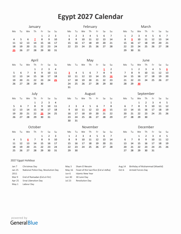 2027 Yearly Calendar Printable With Egypt Holidays