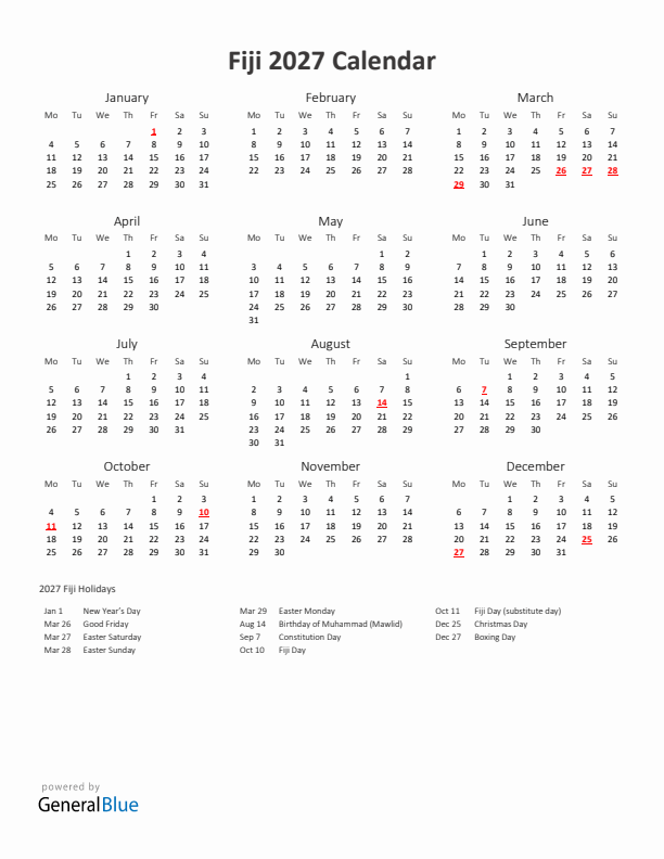 2027 Yearly Calendar Printable With Fiji Holidays