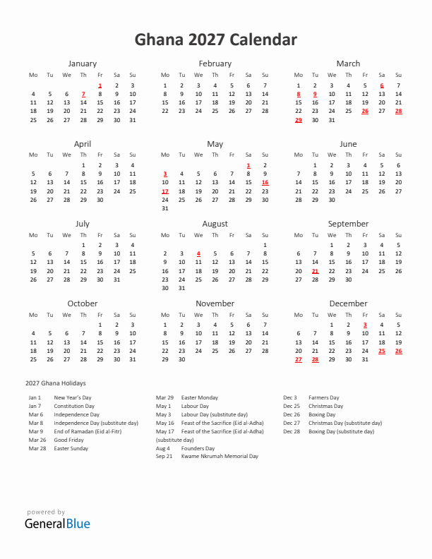 2027 Yearly Calendar Printable With Ghana Holidays