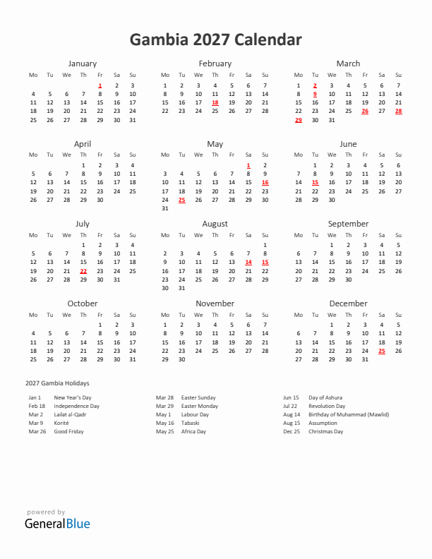2027 Yearly Calendar Printable With Gambia Holidays