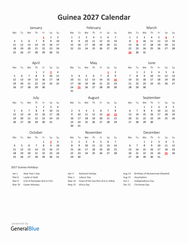 2027 Yearly Calendar Printable With Guinea Holidays