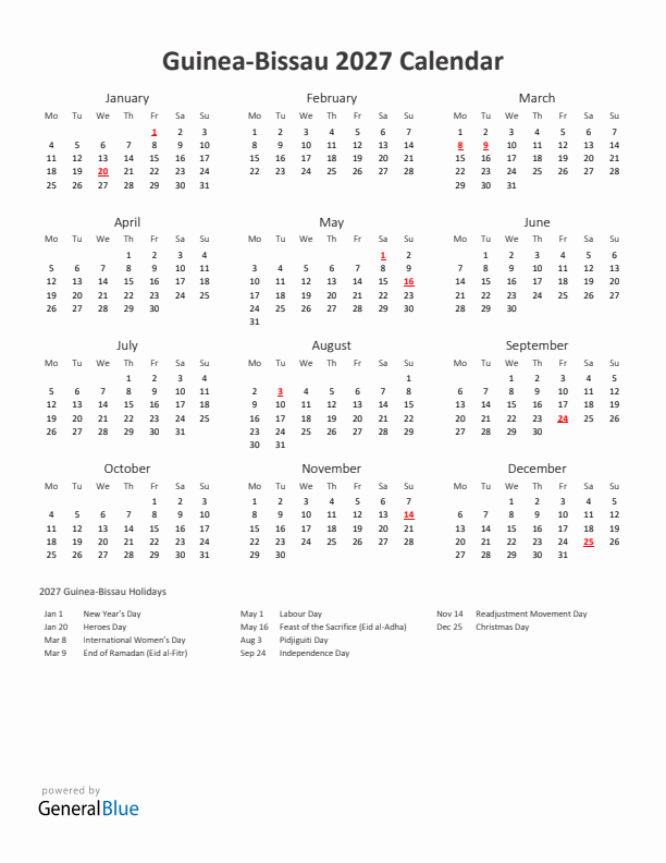 2027 Yearly Calendar Printable With Guinea-Bissau Holidays