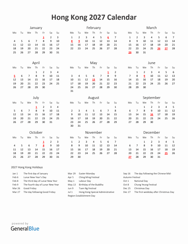 2027 Yearly Calendar Printable With Hong Kong Holidays
