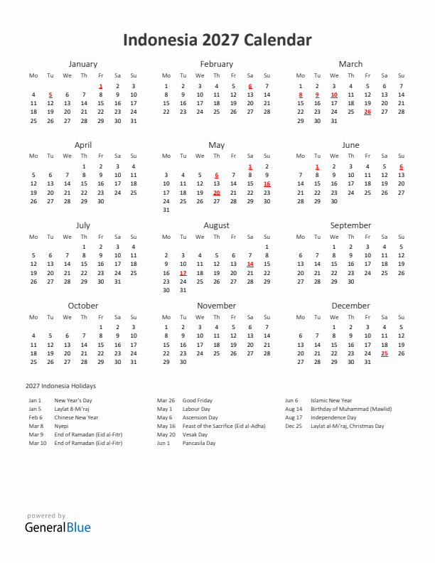 2027 Yearly Calendar Printable With Indonesia Holidays