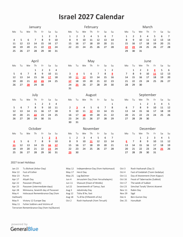 2027 Yearly Calendar Printable With Israel Holidays