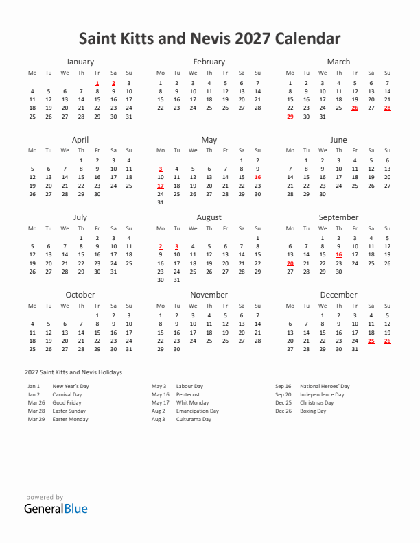 2027 Yearly Calendar Printable With Saint Kitts and Nevis Holidays
