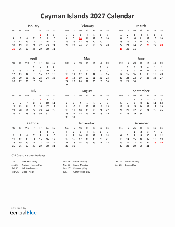2027 Yearly Calendar Printable With Cayman Islands Holidays