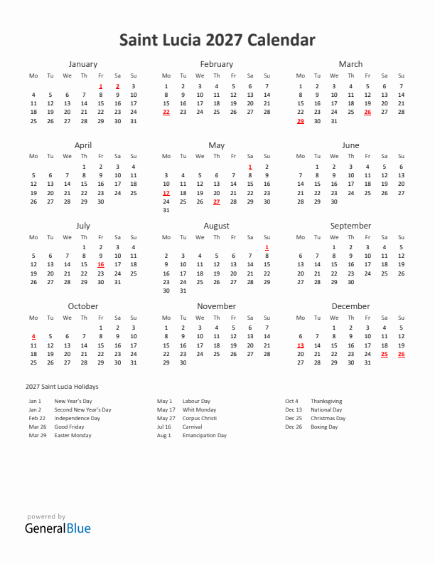 2027 Yearly Calendar Printable With Saint Lucia Holidays