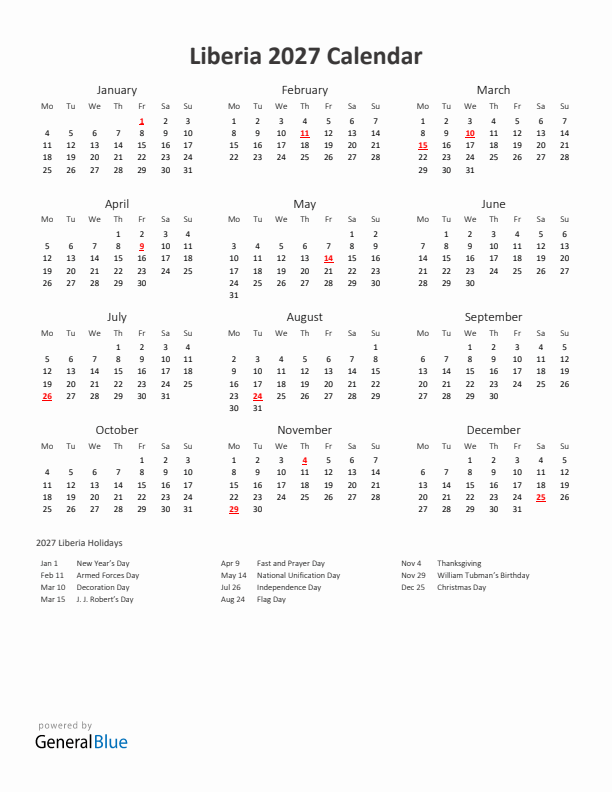 2027 Yearly Calendar Printable With Liberia Holidays