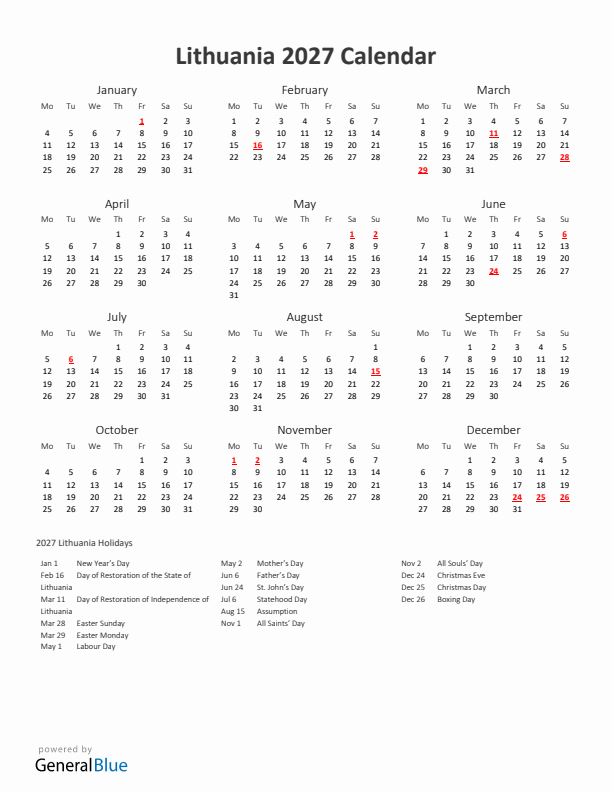 2027 Yearly Calendar Printable With Lithuania Holidays