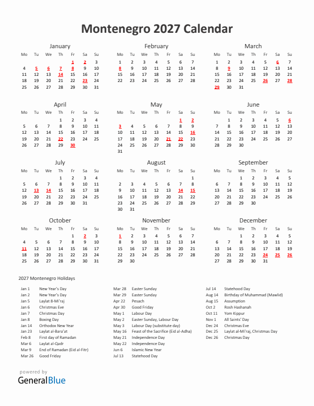 2027 Yearly Calendar Printable With Montenegro Holidays