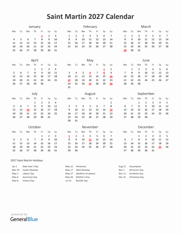 2027 Yearly Calendar Printable With Saint Martin Holidays