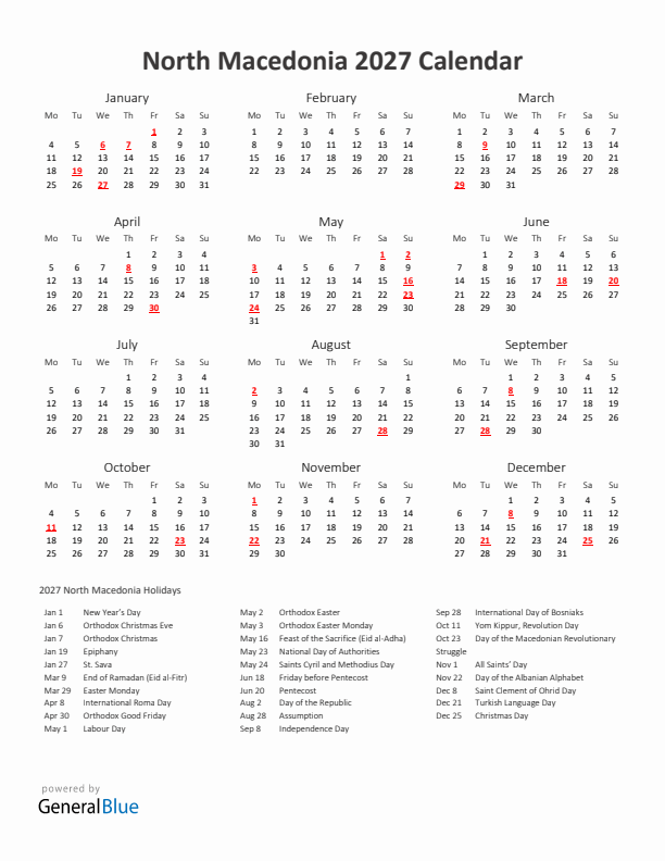 2027 Yearly Calendar Printable With North Macedonia Holidays