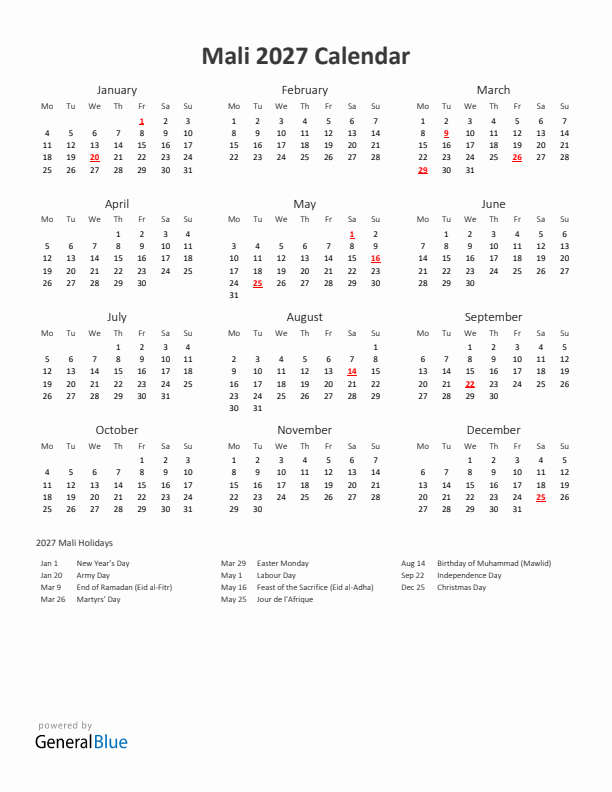 2027 Yearly Calendar Printable With Mali Holidays