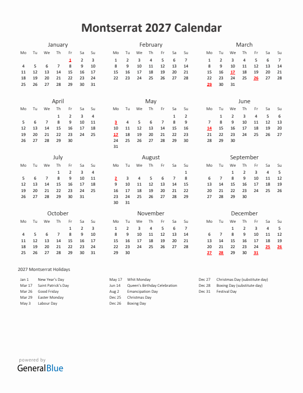 2027 Yearly Calendar Printable With Montserrat Holidays