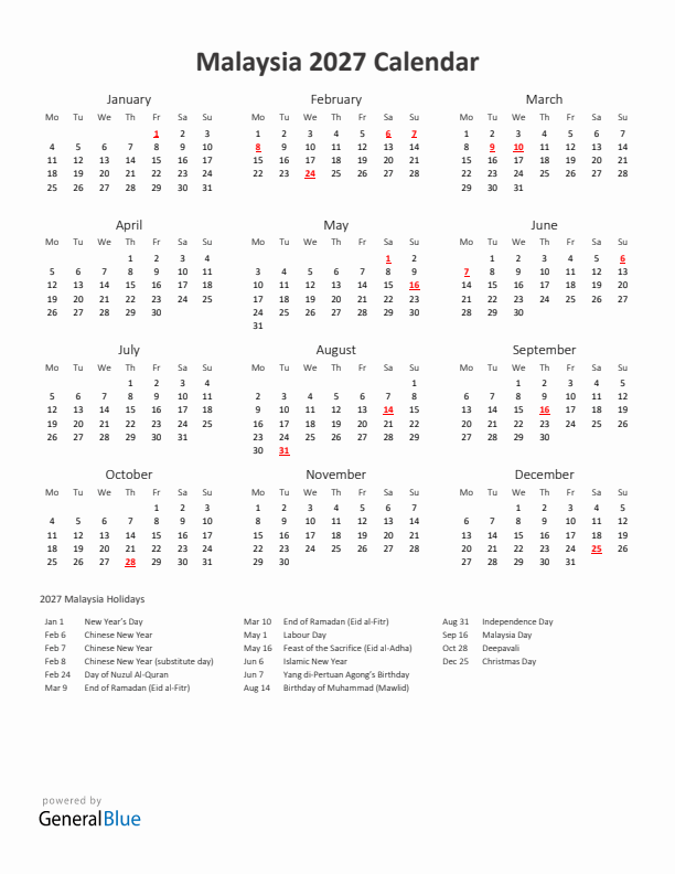 2027 Yearly Calendar Printable With Malaysia Holidays
