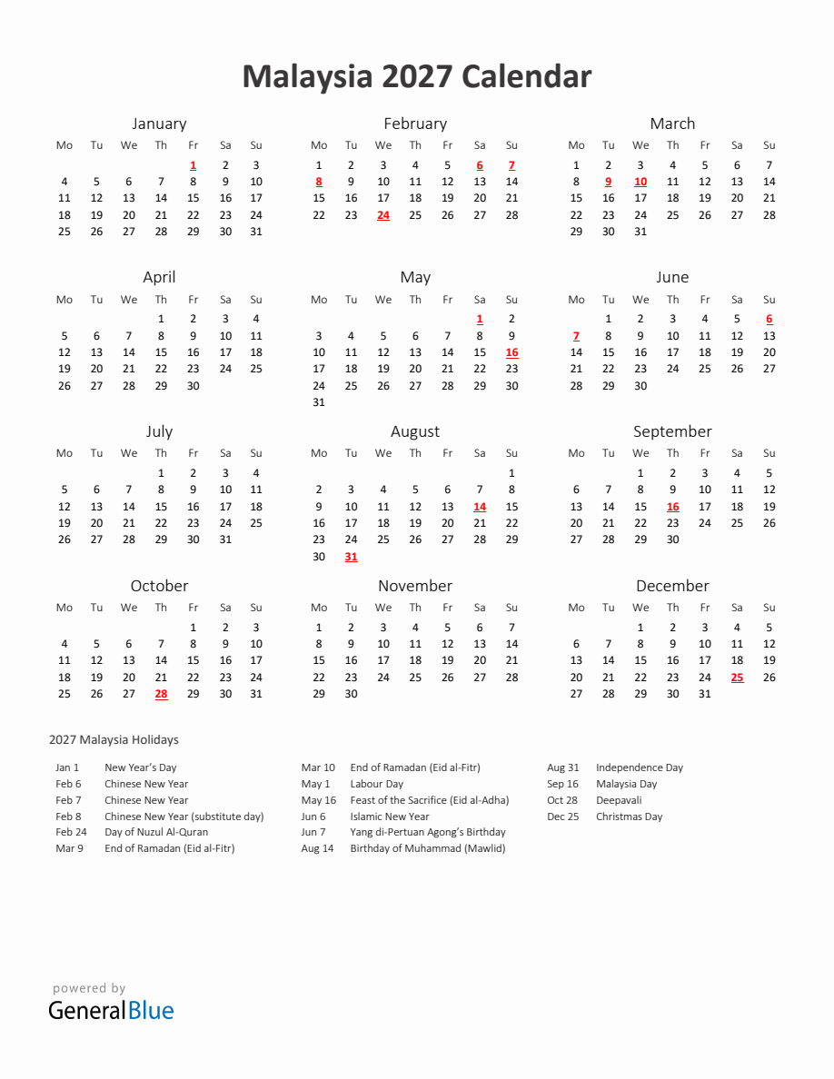 2027 Yearly Calendar Printable With Malaysia Holidays - Monday Start