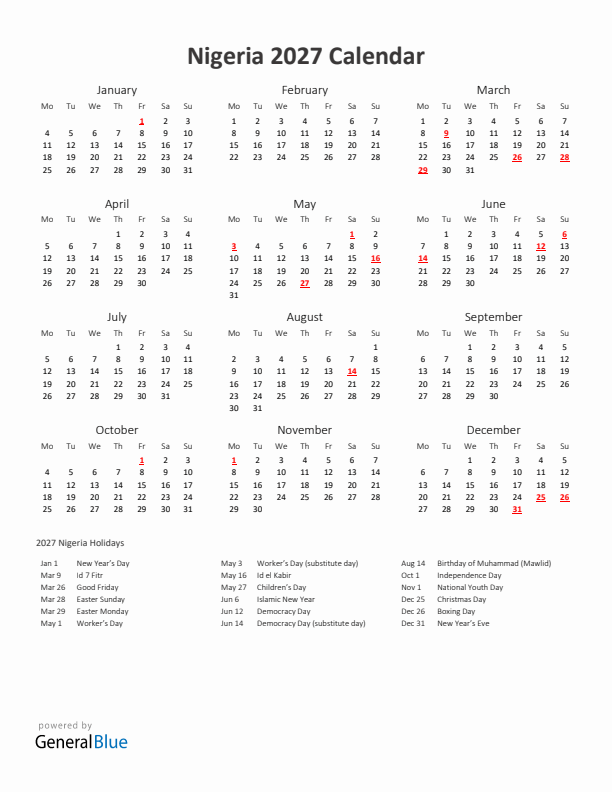 2027 Yearly Calendar Printable With Nigeria Holidays