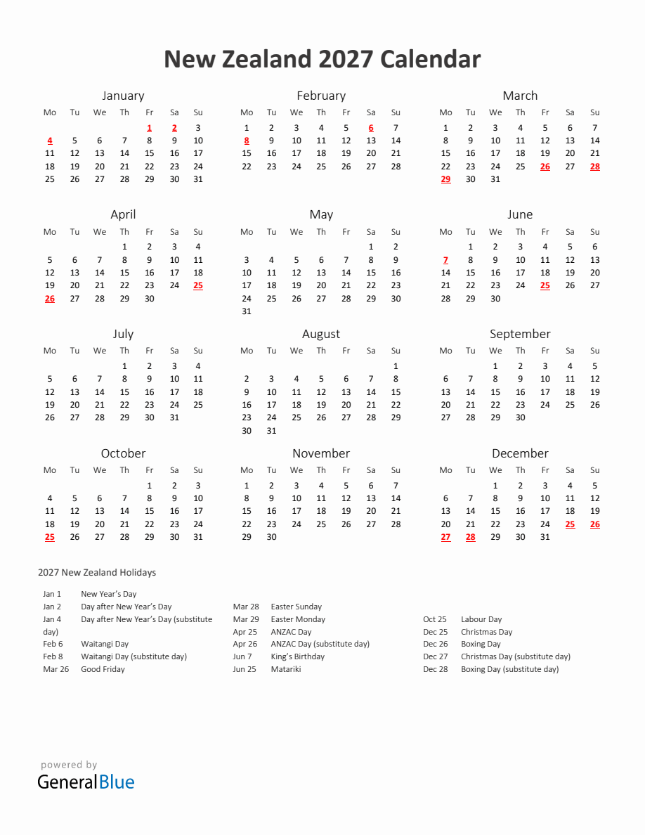 2027 Yearly Calendar Printable With New Zealand Holidays - Monday Start