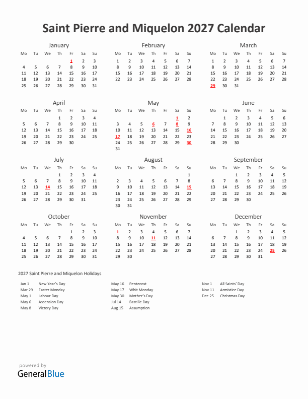 2027 Yearly Calendar Printable With Saint Pierre and Miquelon Holidays