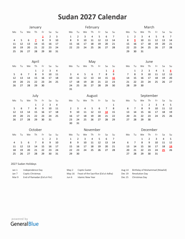 2027 Yearly Calendar Printable With Sudan Holidays