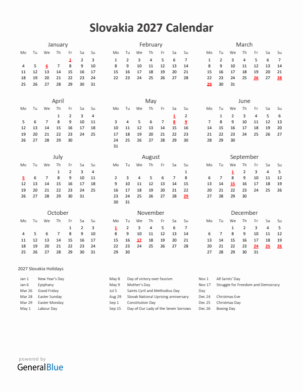 2027 Yearly Calendar Printable With Slovakia Holidays