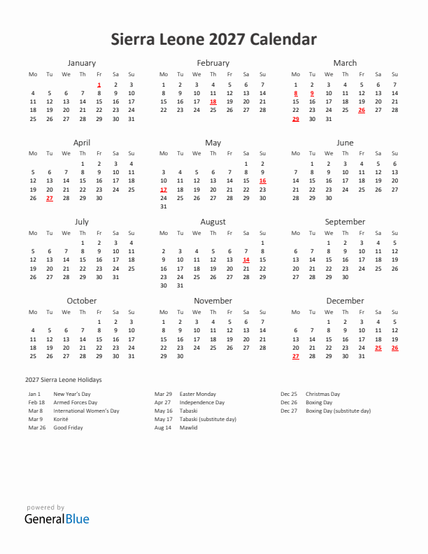 2027 Yearly Calendar Printable With Sierra Leone Holidays