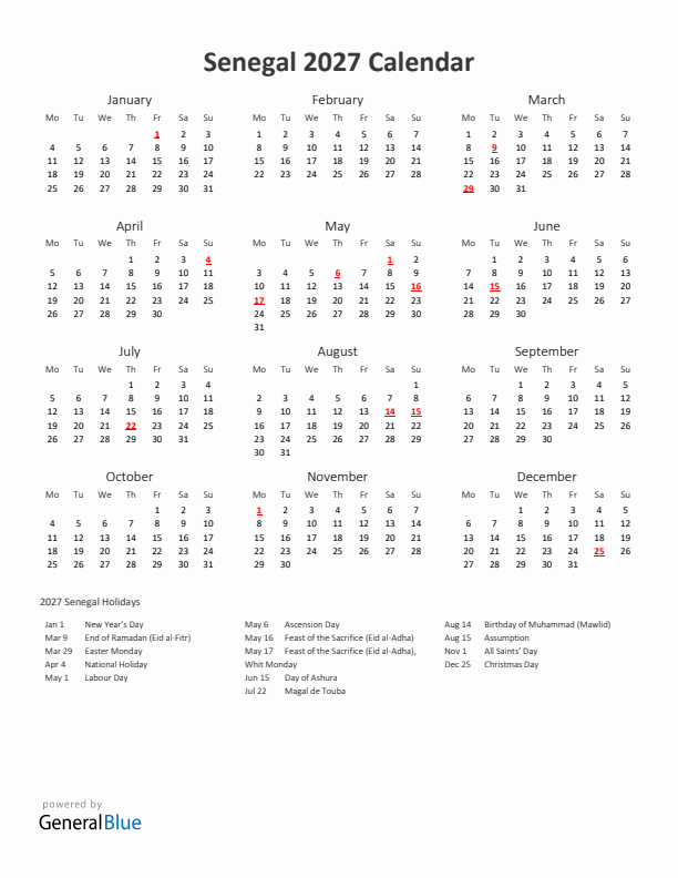 2027 Yearly Calendar Printable With Senegal Holidays