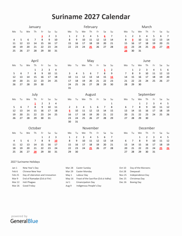 2027 Yearly Calendar Printable With Suriname Holidays