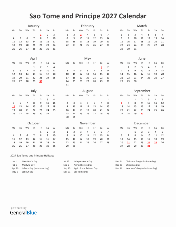 2027 Yearly Calendar Printable With Sao Tome and Principe Holidays