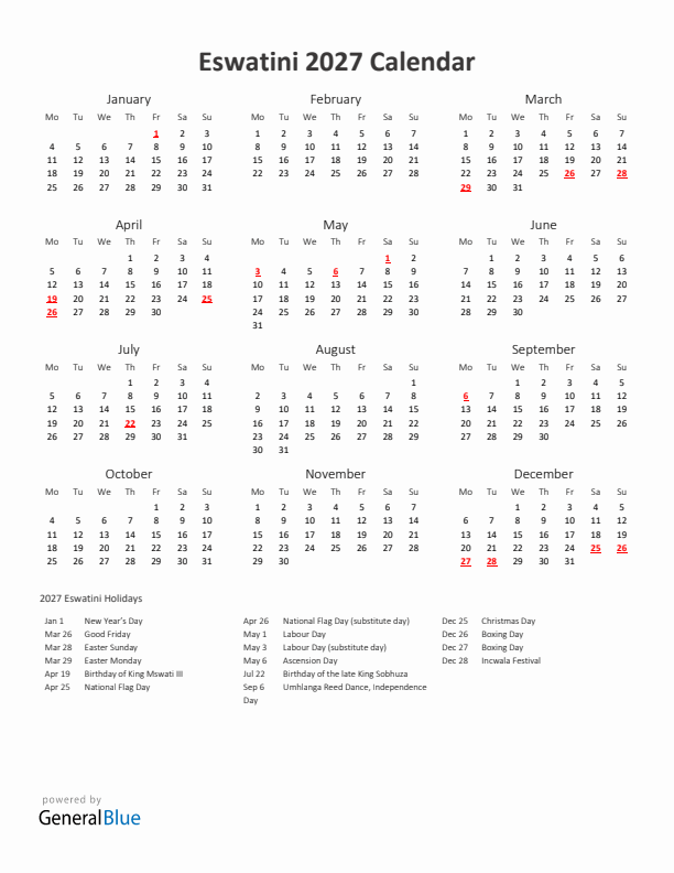 2027 Yearly Calendar Printable With Eswatini Holidays