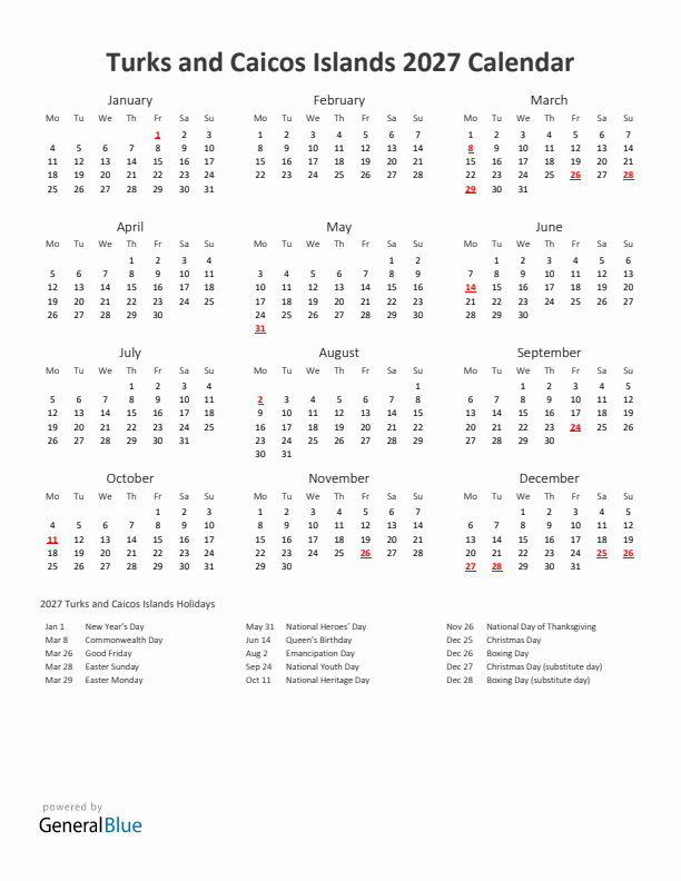 2027 Yearly Calendar Printable With Turks and Caicos Islands Holidays